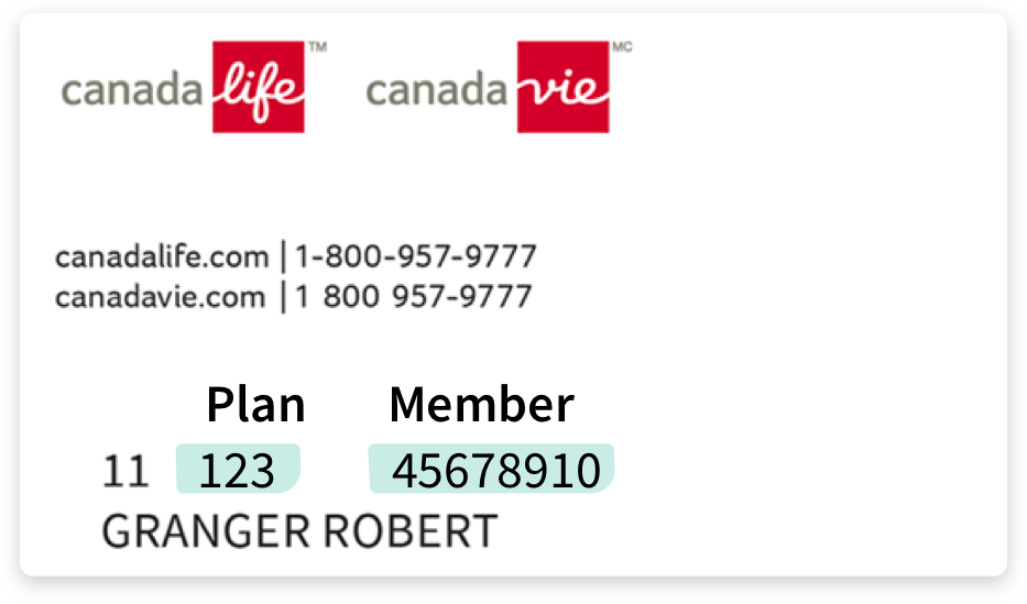 A sample benefits card showing your plan number and member ID. Described under the heading Plan info.